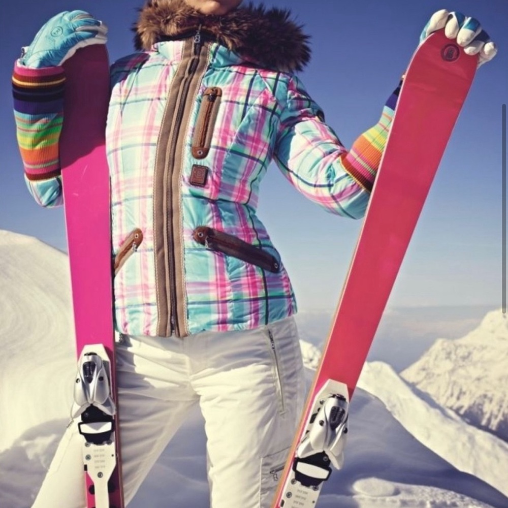 Bogner White & Light Blue Down Ski Jacket with Pink Trim Reversible - Picture 3 of 8